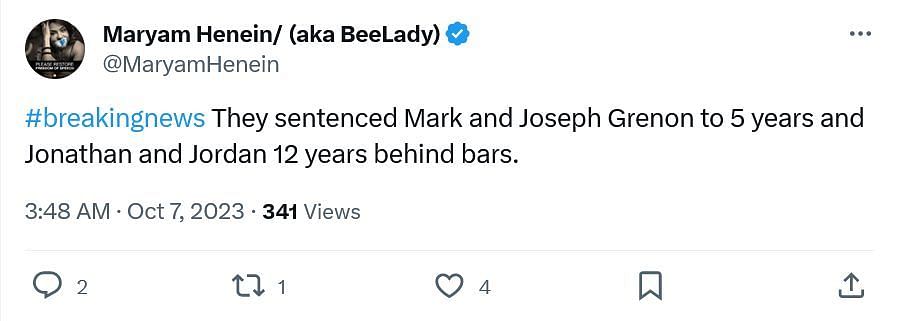 Tweet about Mark Grenon and his sons' sentencing (Image via X/@MaryamHenein)